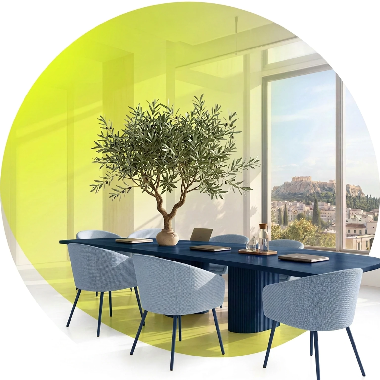 Talent Hub promotional concept with a navy table, light blue armchairs, an olive arrangement and an Athens view